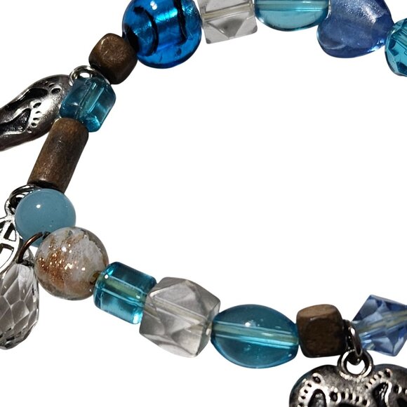 Footprints Prayer Blue Beaded Charm Bracelet Stretch Jesus Religious Christian - Picture 2 of 5